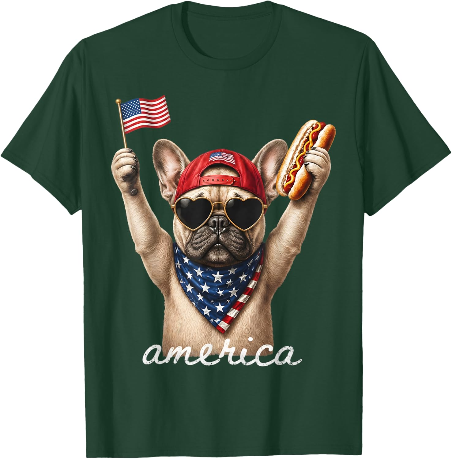 USA America French Bulldog Hot Dog 1776-2026 4th of July T-Shirt - T-Shirt | Forest