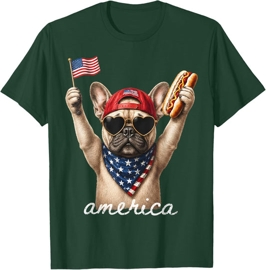USA America French Bulldog Hot Dog 1776-2026 4th of July T-Shirt - T-Shirt | Forest