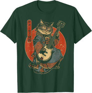Japanese Samurai Cat Playing Electric Guitar , Black, S T-Shirt - T-Shirt | Forest