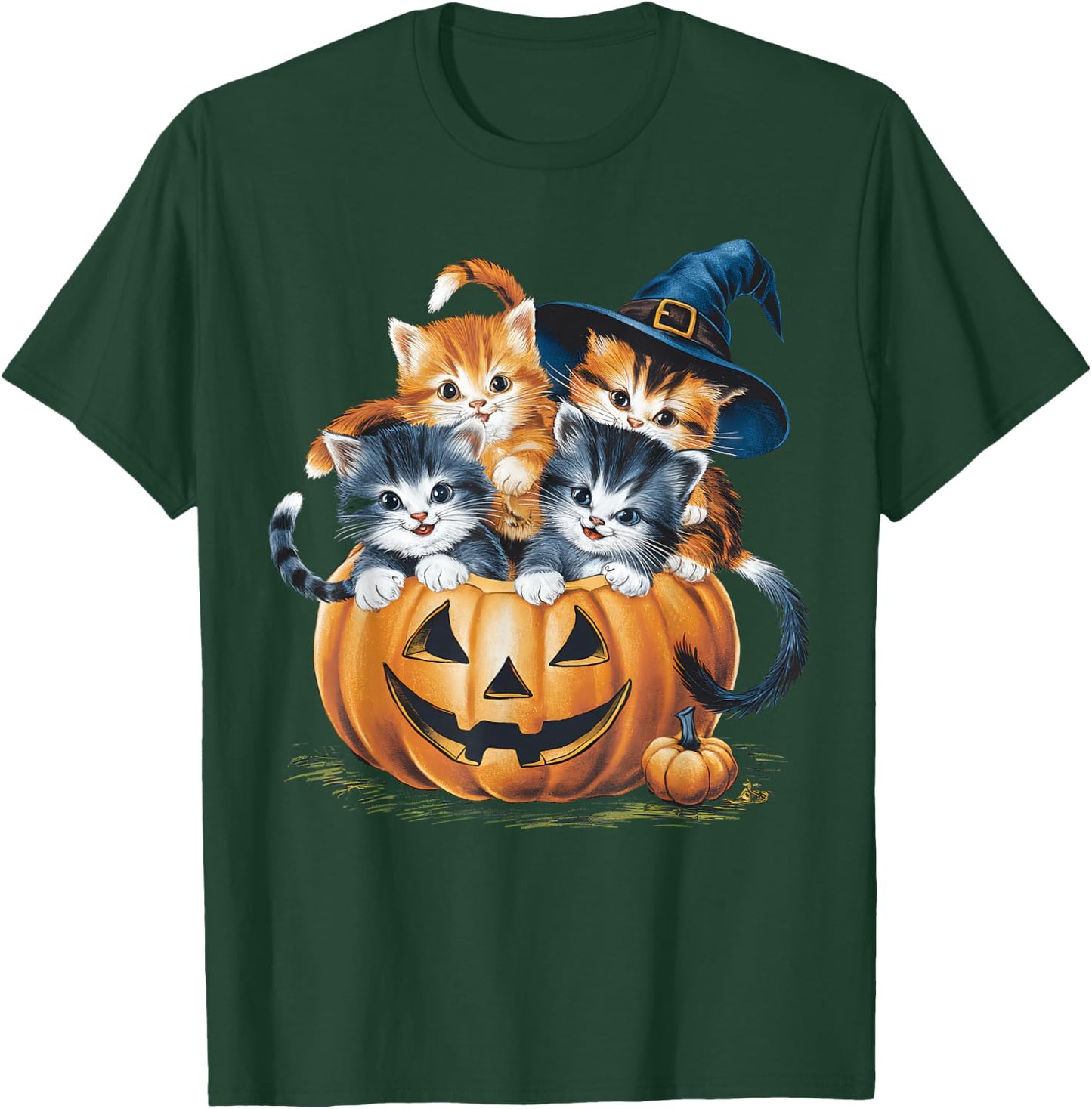 Vintage 90s Cat Pumpkin Halloween Retro Floral Spooky Season T-Shirt - T-Shirt | Forest