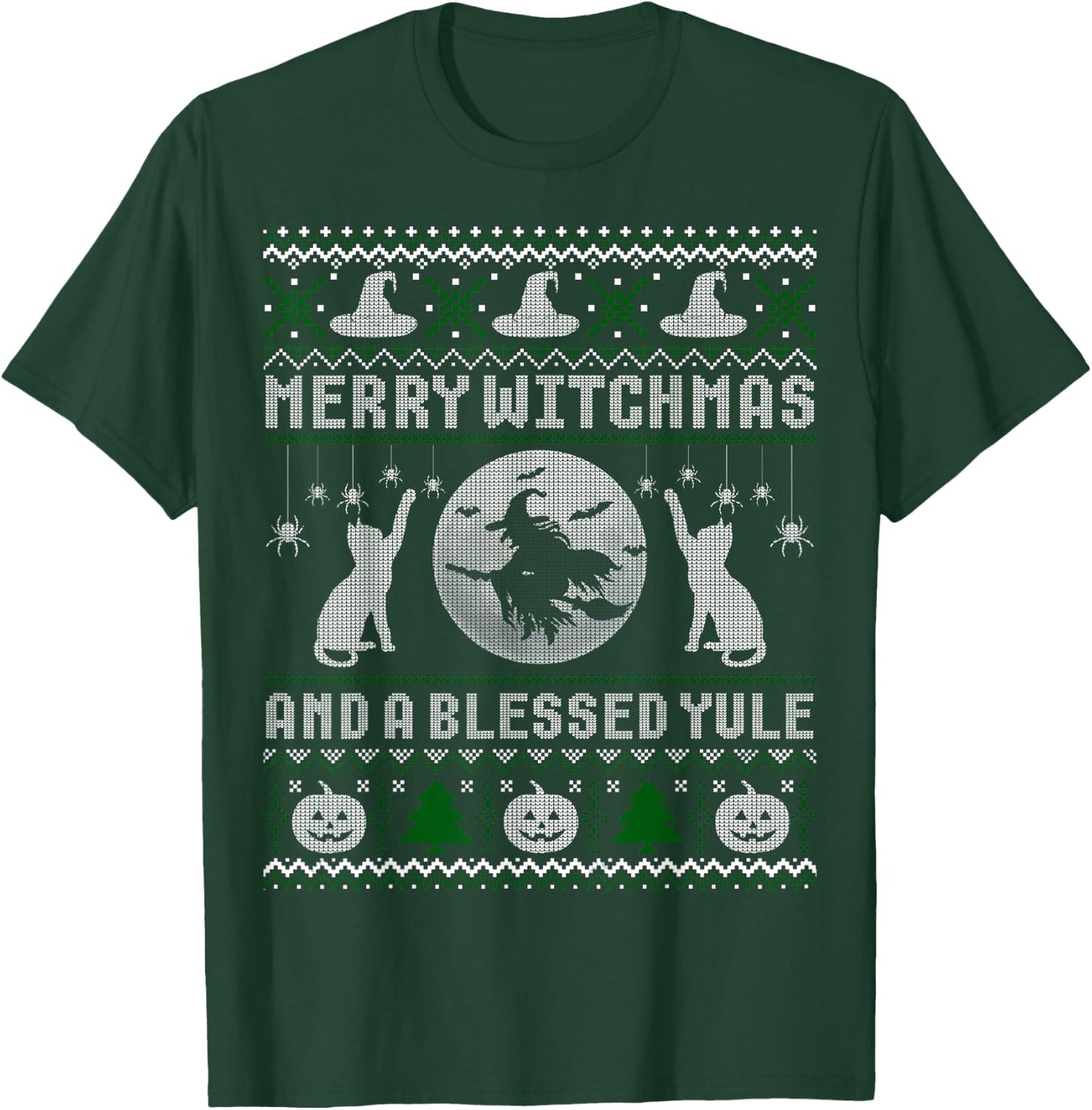 Merry Witchmas Cat Lover Ugly Christmas Sweaters Men Women Kids T-Shirt - T-Shirt | Forest