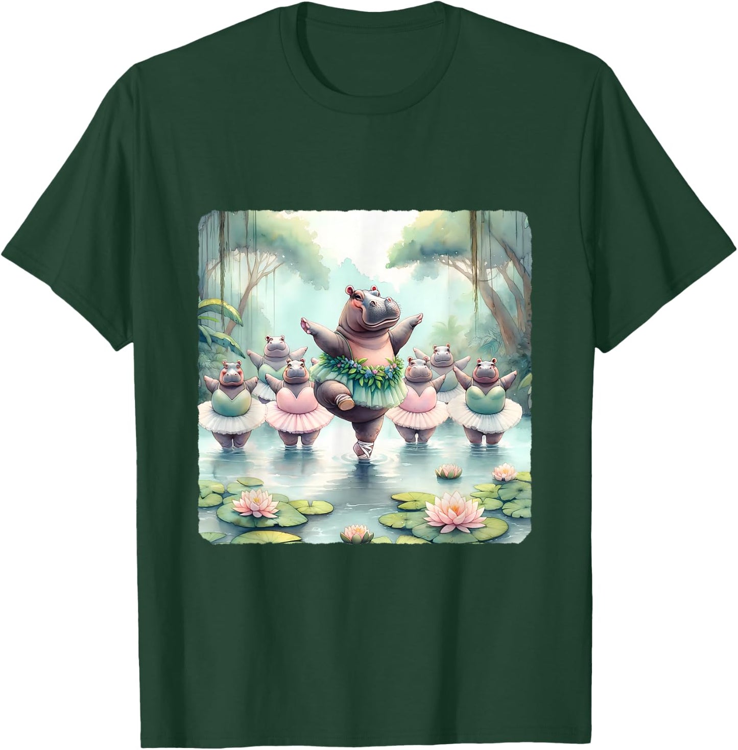 Hippos Ballet In River With Jungle Backdrop T-Shirt - T-Shirt | Forest