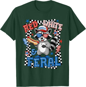 Red White & Feral American 1776-2026 Raccoon 4th of July T-Shirt - T-Shirt | Forest