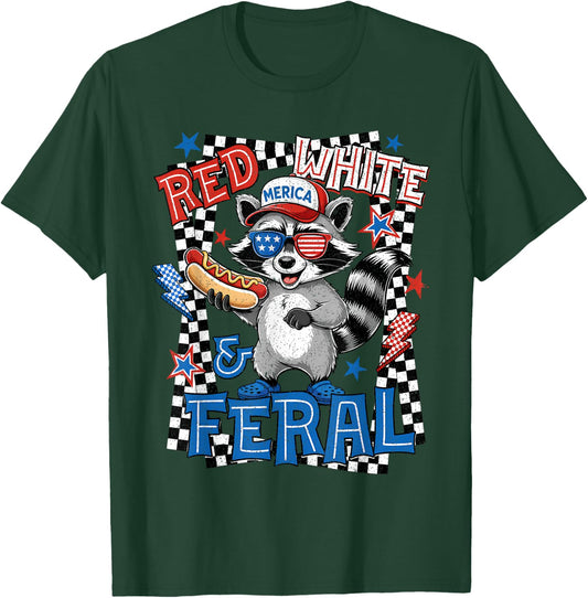 Red White & Feral American 1776-2026 Raccoon 4th of July T-Shirt - T-Shirt | Forest