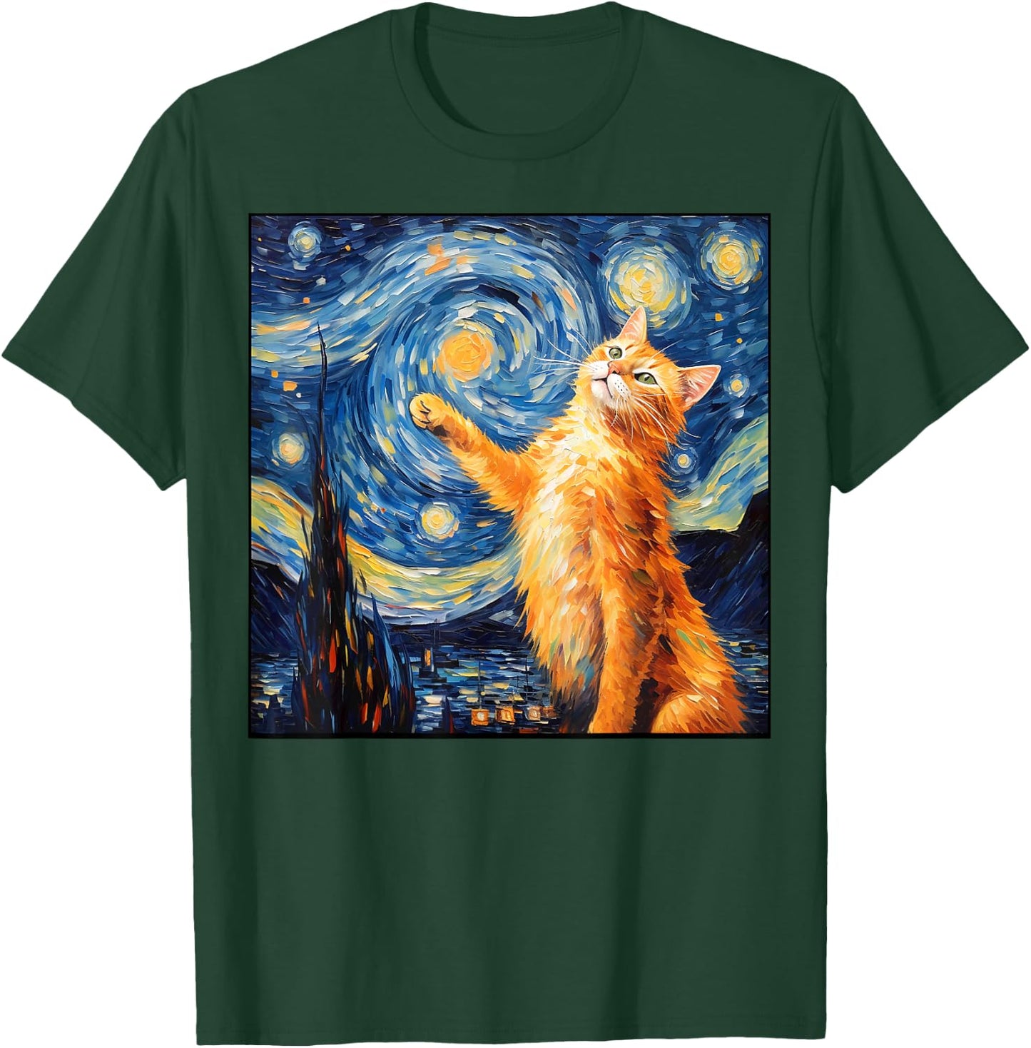 Art Van Gogh Starry Night Cat Painting Cats Lover Mom Dad T-Shirt - T-Shirt | Forest