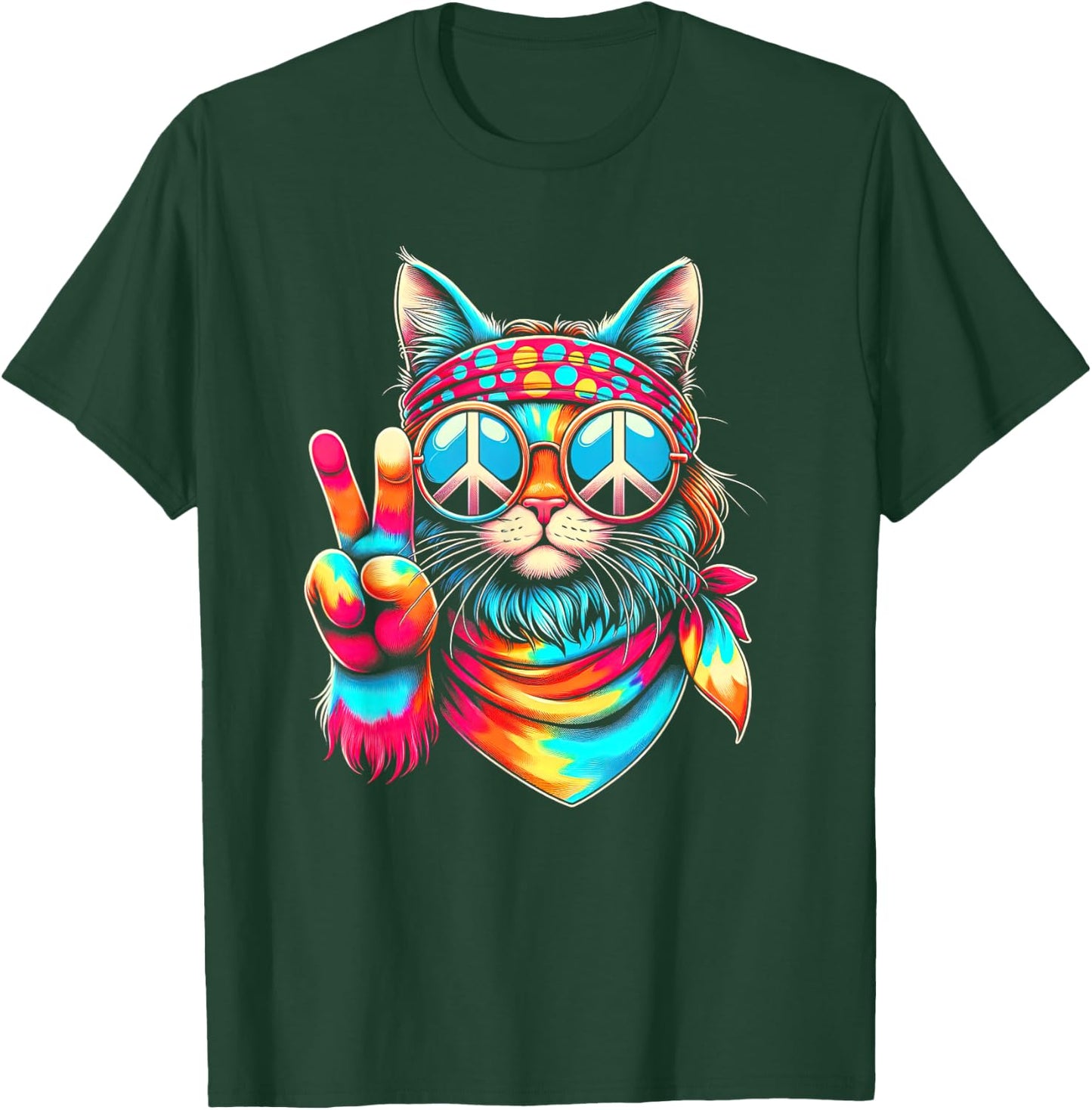 Funny Peace Cat Retro 70s Rainbow Hippie Cat Peace Sign Hand T-Shirt - T-Shirt | Forest