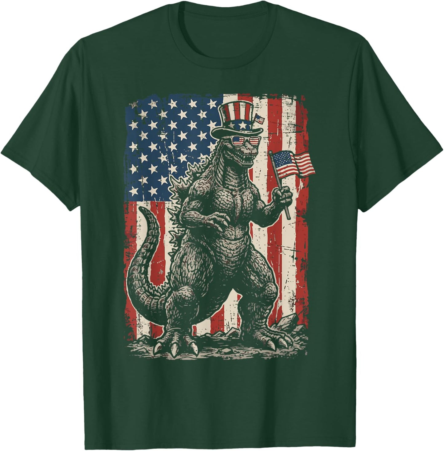 Japanese Lizard Monster US Flag 4th of July Men Women Kids T-Shirt - T-Shirt | Forest