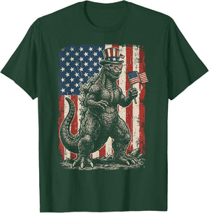 Japanese Lizard Monster US Flag 4th of July Men Women Kids T-Shirt - T-Shirt | Forest