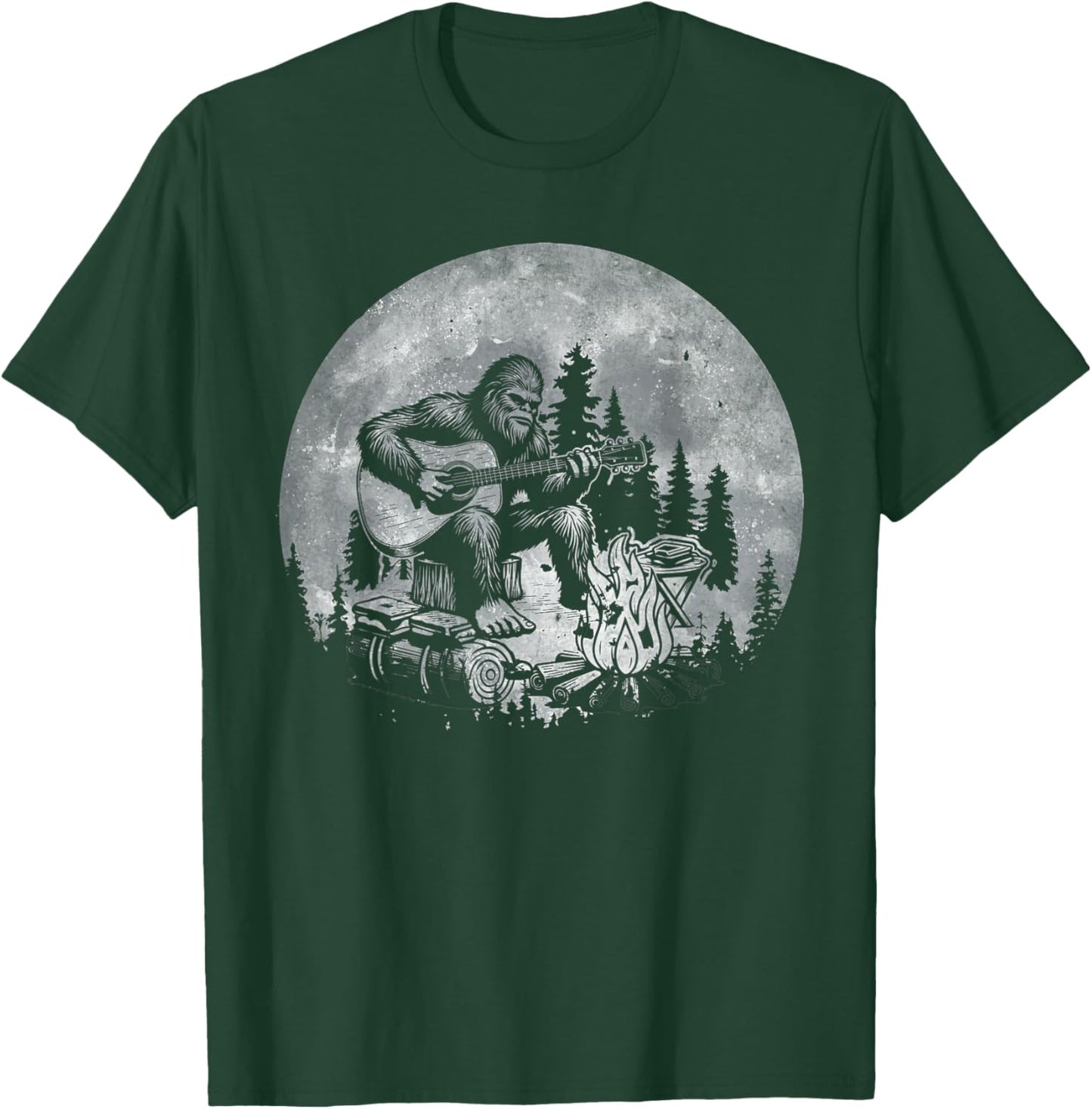 Rock Music Bigfoot Camping Full Moon Bigfoot Playing Guitar T-Shirt - T-Shirt | Forest