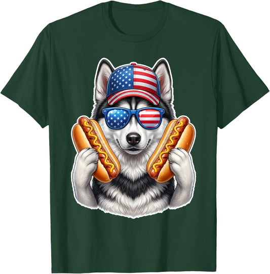4th of July Hotdog Siberian Husky Funny Patriotic USA Flag T-Shirt - T-Shirt | Forest
