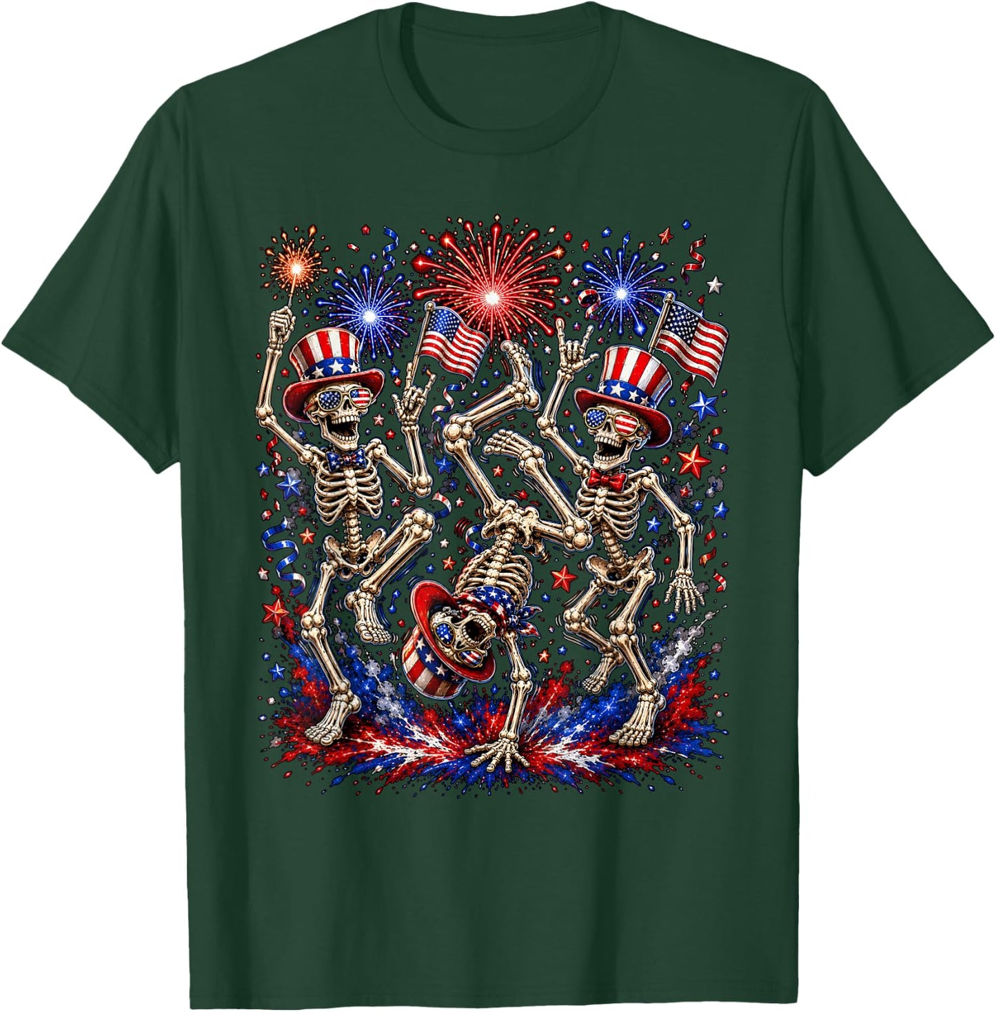 USA Fireworks Patriotic Dancing Skeletons 4th of July Gothic T-Shirt - T-Shirt | Forest