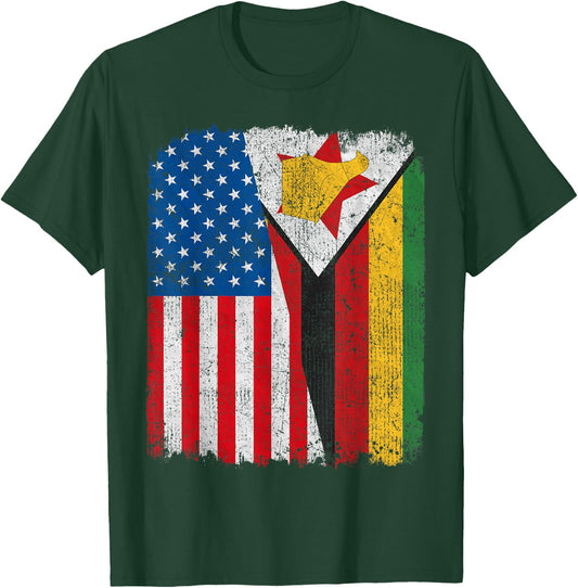 Zimbabwean American Flag Half USA Zimbabwe Root Proud T-Shirt - T-Shirt | Forest