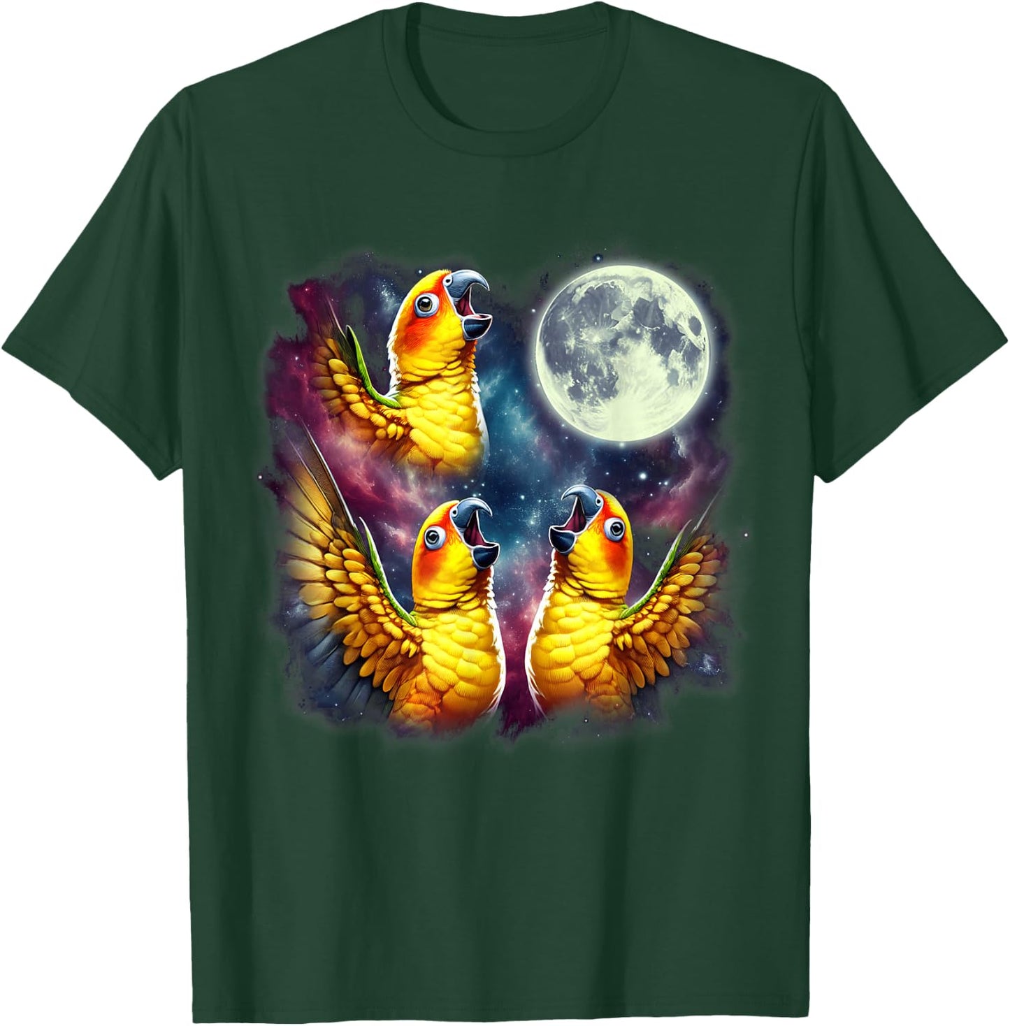 Three Sun Conures Howling at Moon Funny Meme Parrot Lover T-Shirt - T-Shirt | Forest