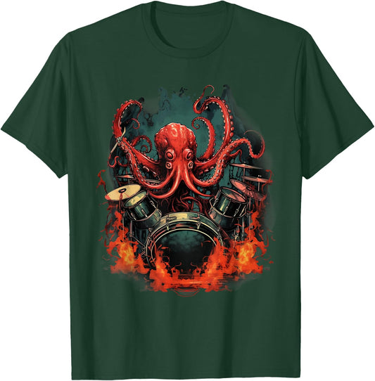 Octopus Japanese Playing Drums Drummer Drumming Musician T-Shirt - T-Shirt | Forest