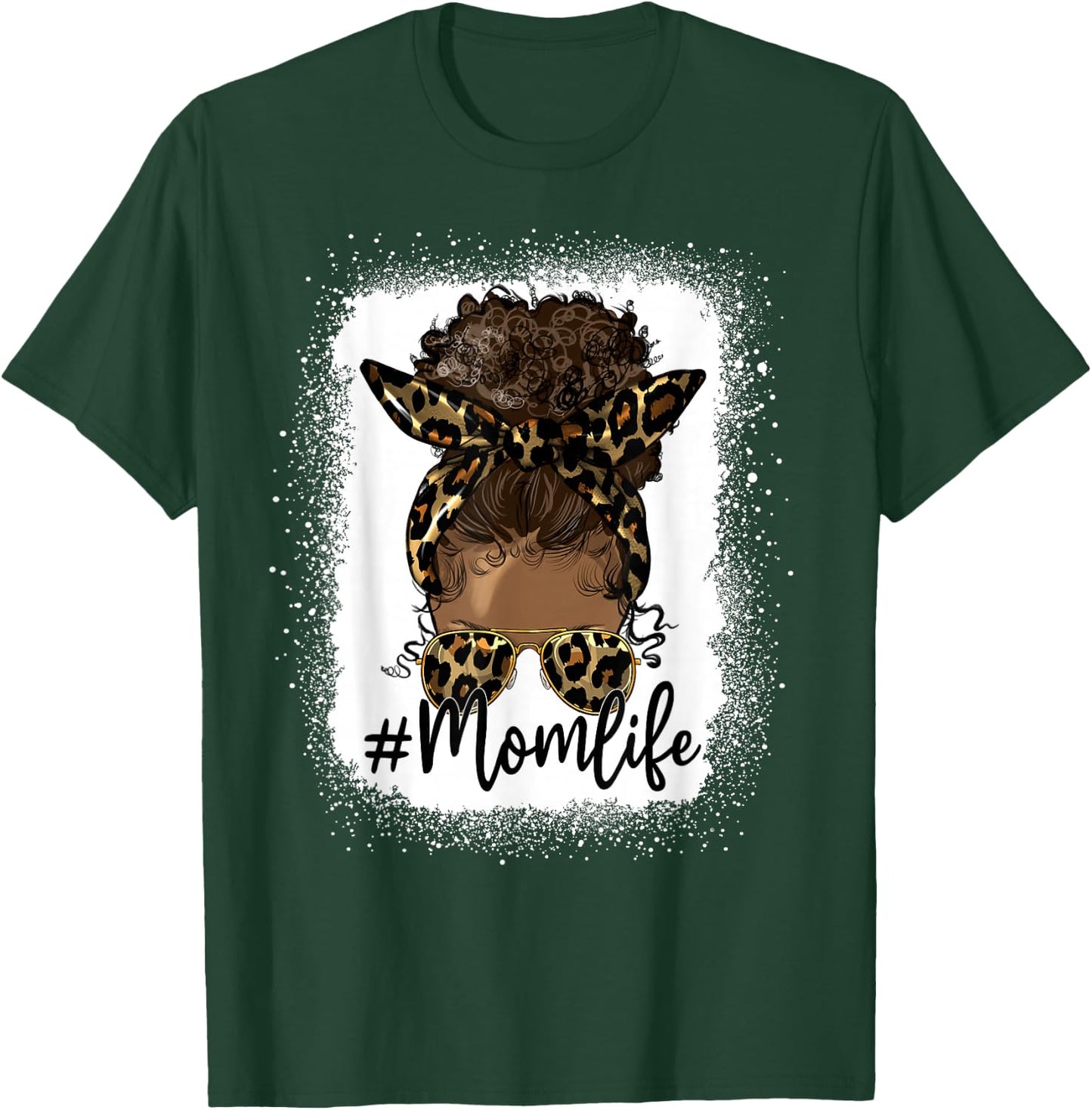 Mom Life Black Women Afro Messy Bun Leopard Mother's Day T-Shirt - T-Shirt | Forest