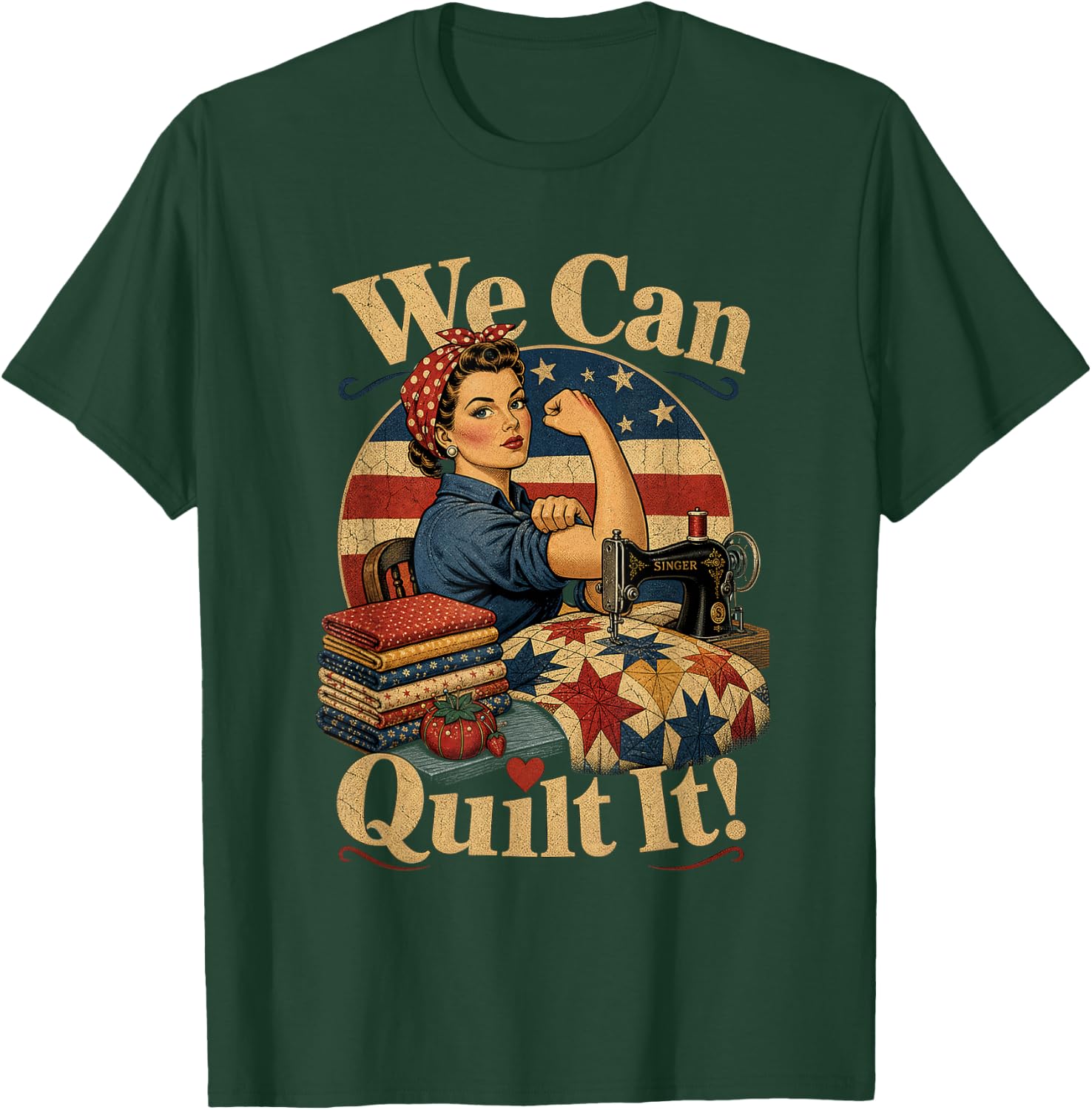 We Can Quilt It Rosie Riveter Quilting Sewing Machine Craft T-Shirt - T-Shirt | Forest
