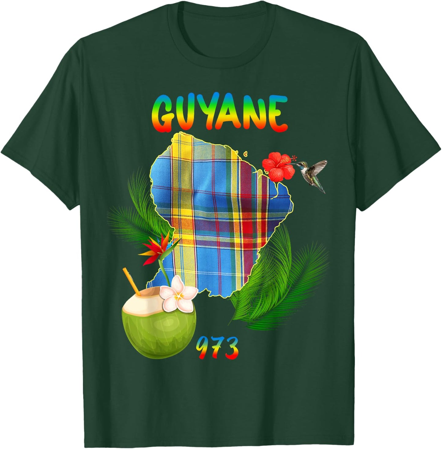 Beautiful French Guiana 973 Madras Hibiscus Hummingbird Coconut T-Shirt - T-Shirt | Forest