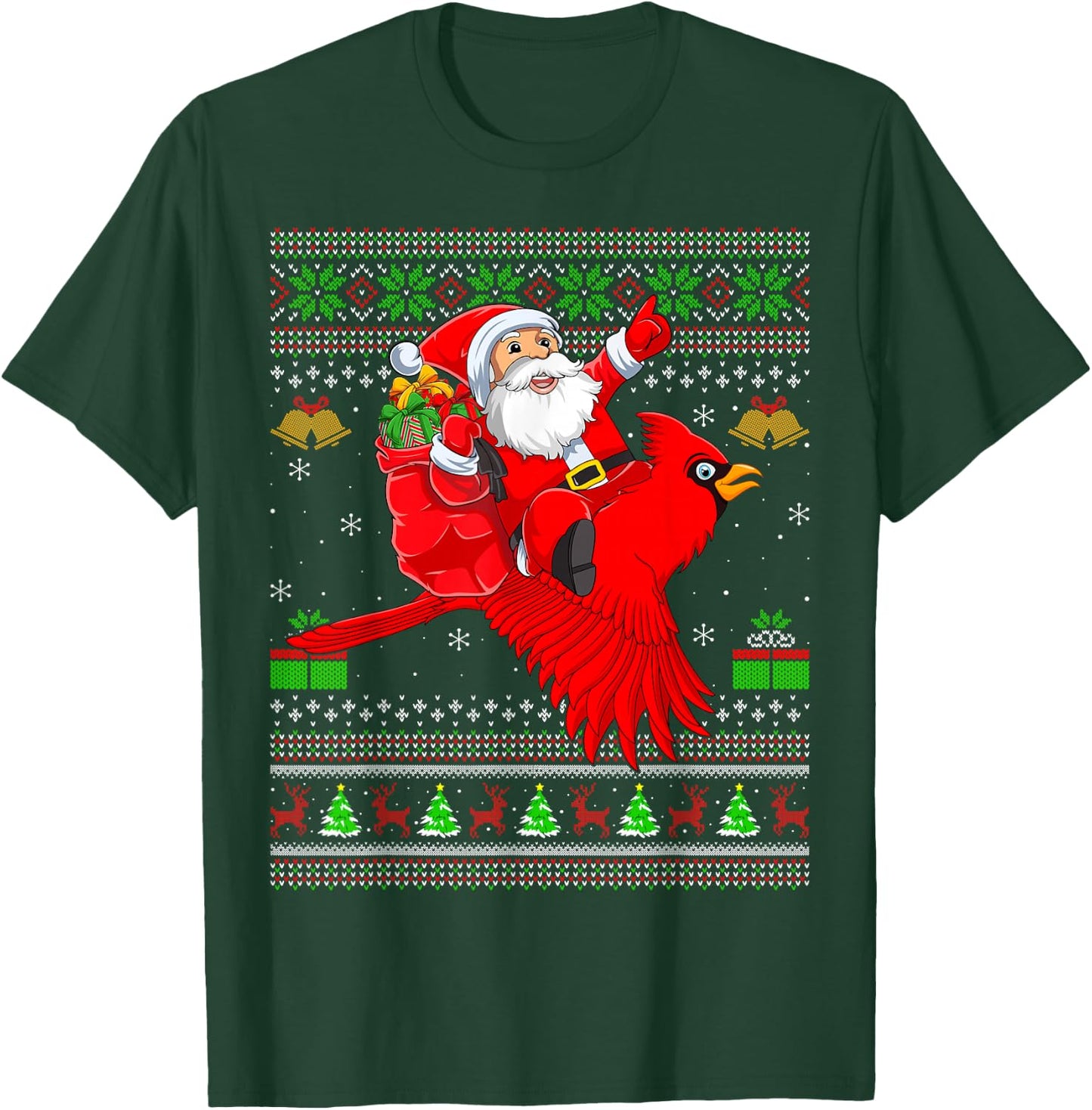 Ugly Xmas Sweater Funny Santa Riding Cardinal Bird Christmas T-Shirt - T-Shirt | Forest