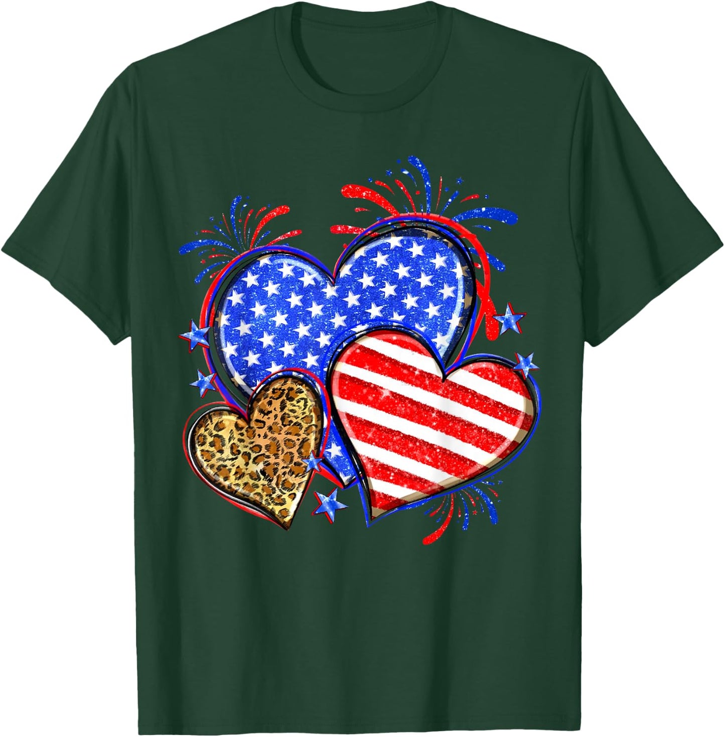 USA Flag Heart 4th Of July Leopard Patriotic Red White Blue T-Shirt - T-Shirt | Forest