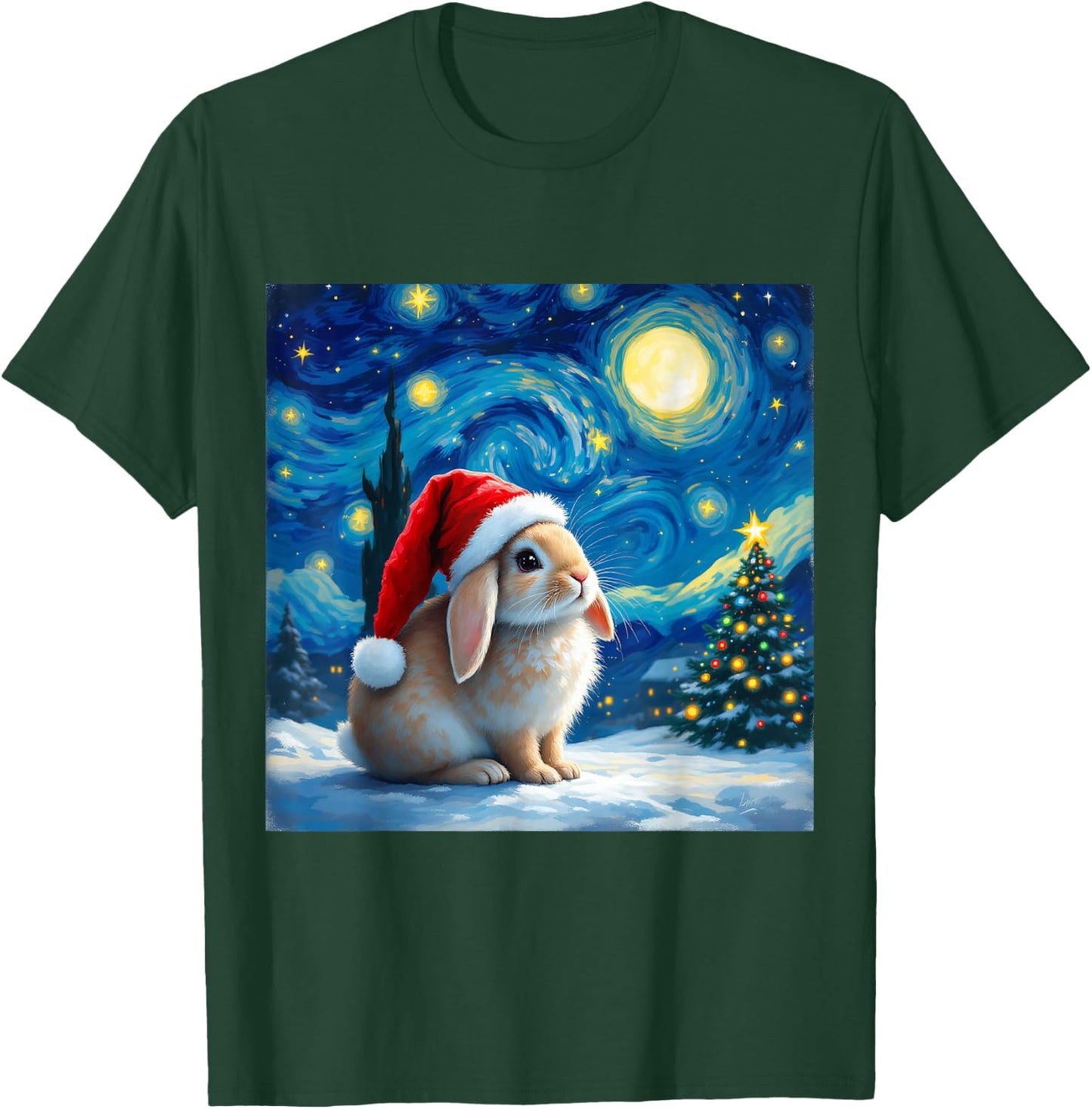 Christmas Rabbit Santa Hat Van Gogh Starry Night Holiday T-Shirt - T-Shirt | Forest