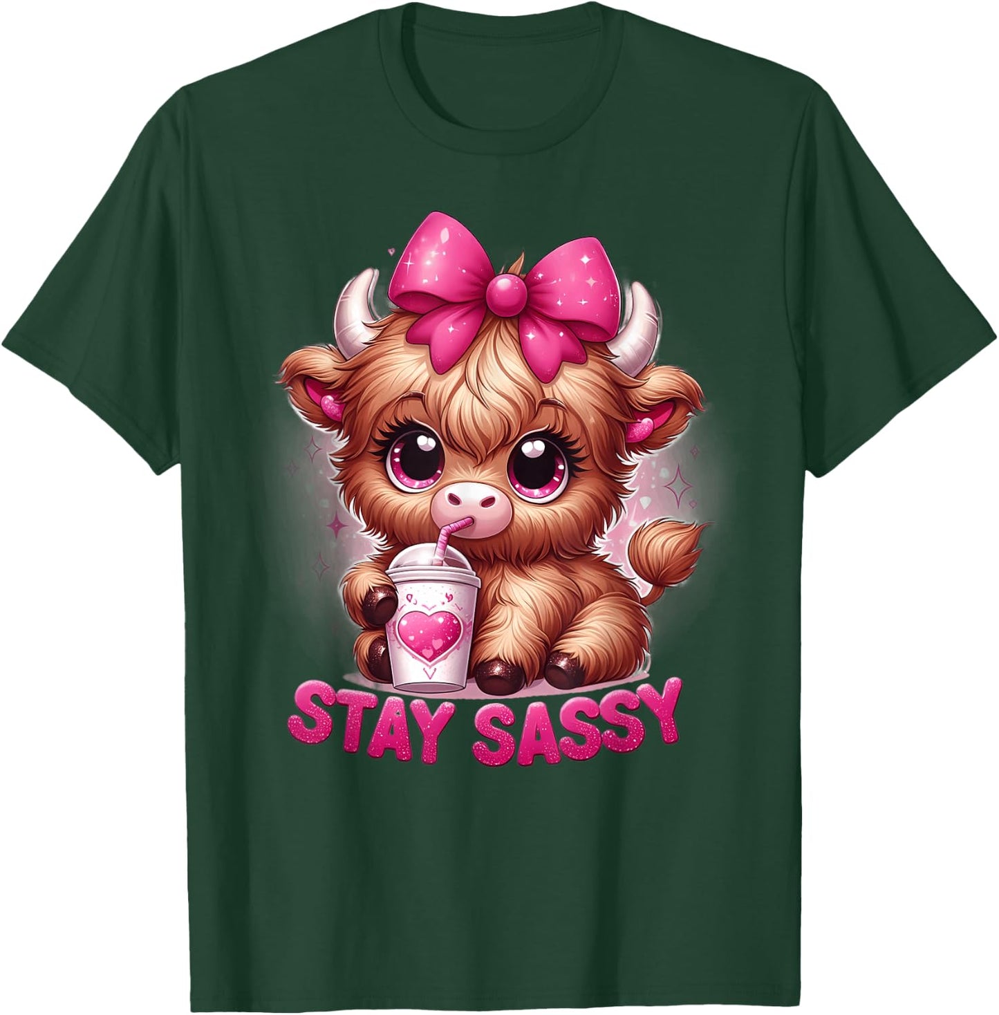 Baby Highland Cow Coffee Pink Bow Stay Sassy Girl Women's Cute T-Shirt - T-Shirt | Forest