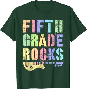 Retro 5th GRADE ROCKS Teacher Rockstar Squad Fifth Grader T-Shirt - T-Shirt | Forest