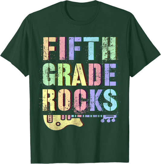Retro 5th GRADE ROCKS Teacher Rockstar Squad Fifth Grader T-Shirt - T-Shirt | Forest