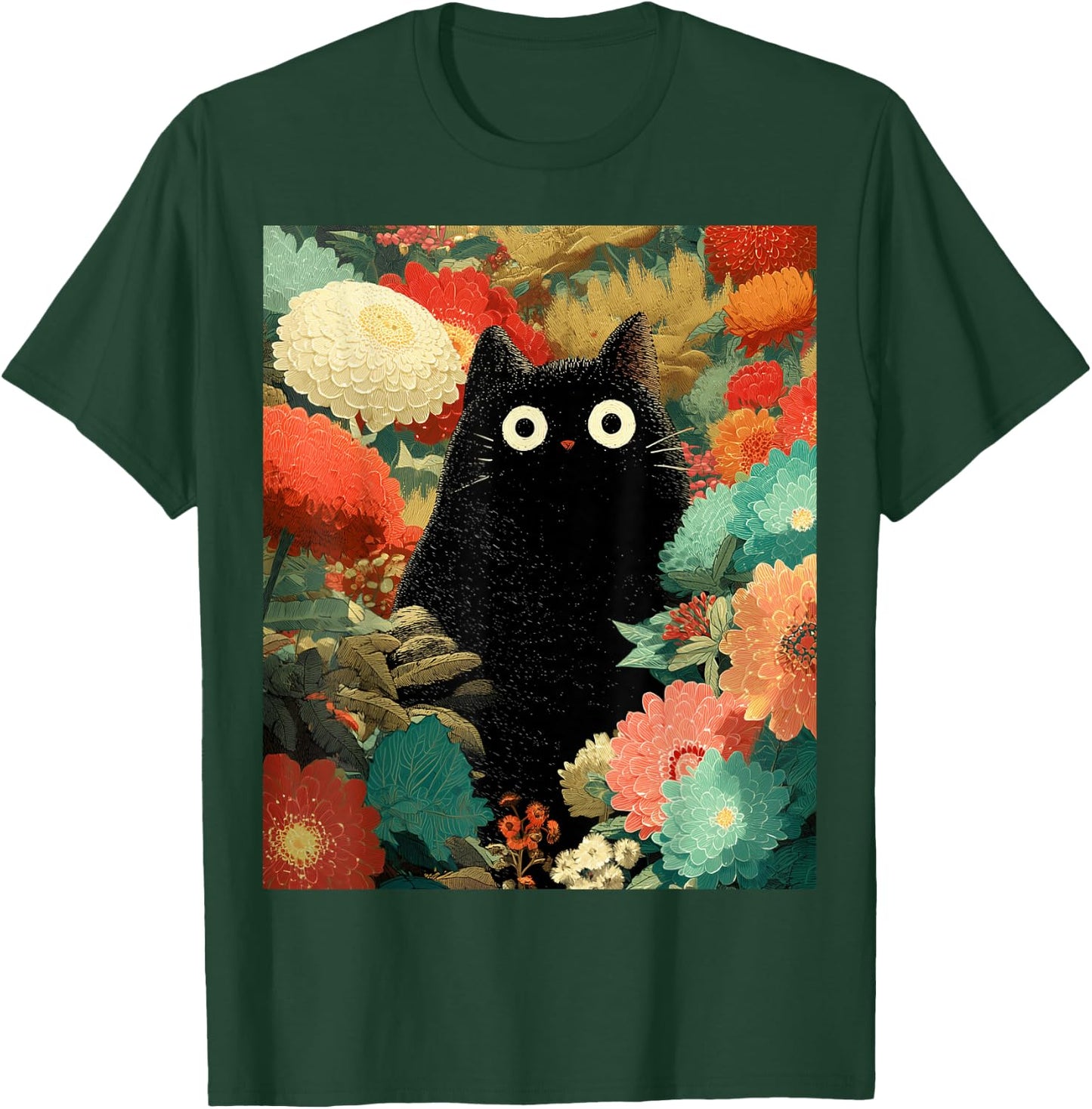 Japanische Schwarze Anime-Katze, Blumen, Sommer, Frühling, Herbst T-Shirt - T-Shirt | Forest