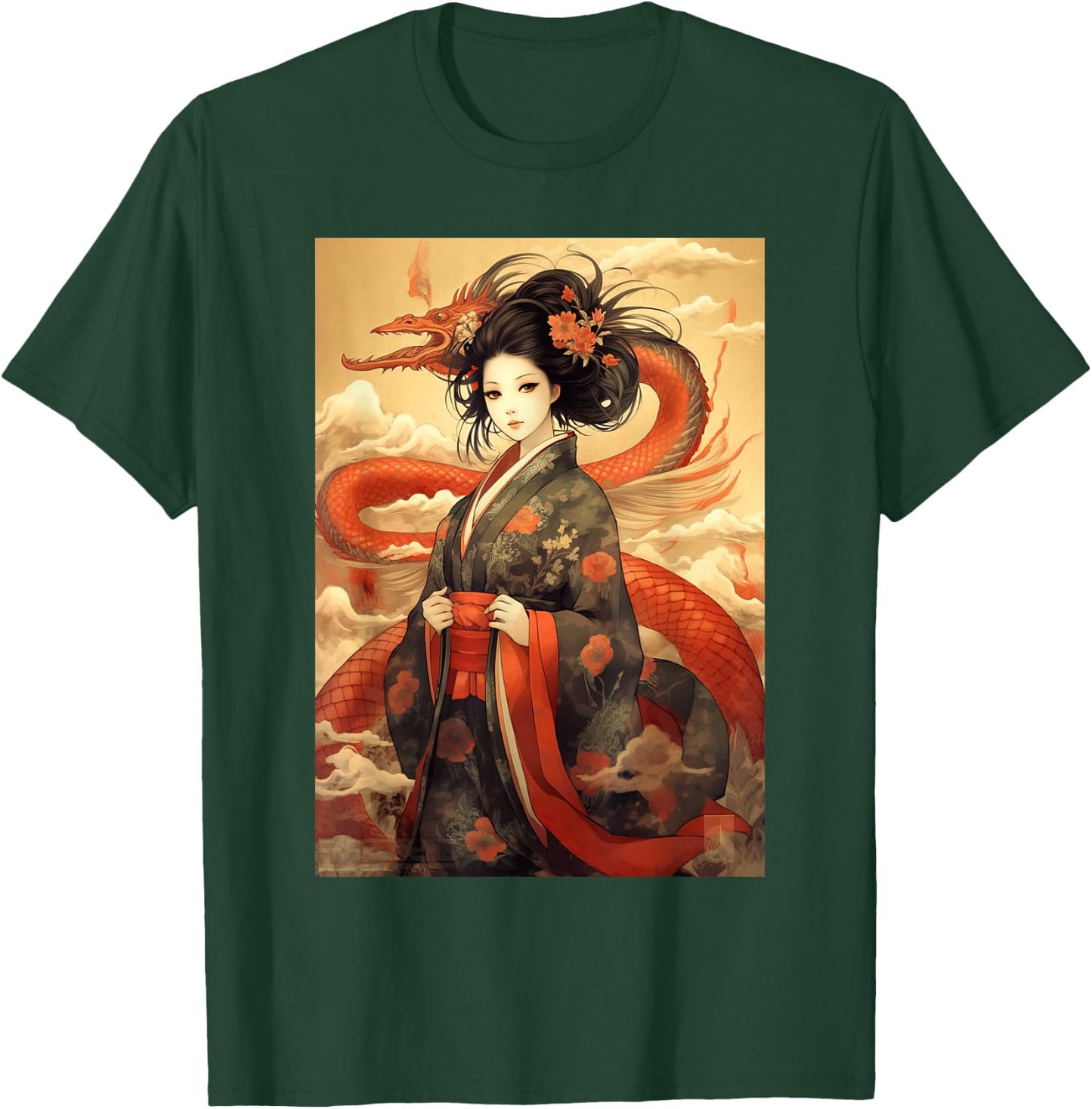 Japanese Geisha Kawaii In Kimono Dragon Japan T-Shirt - T-Shirt | Forest