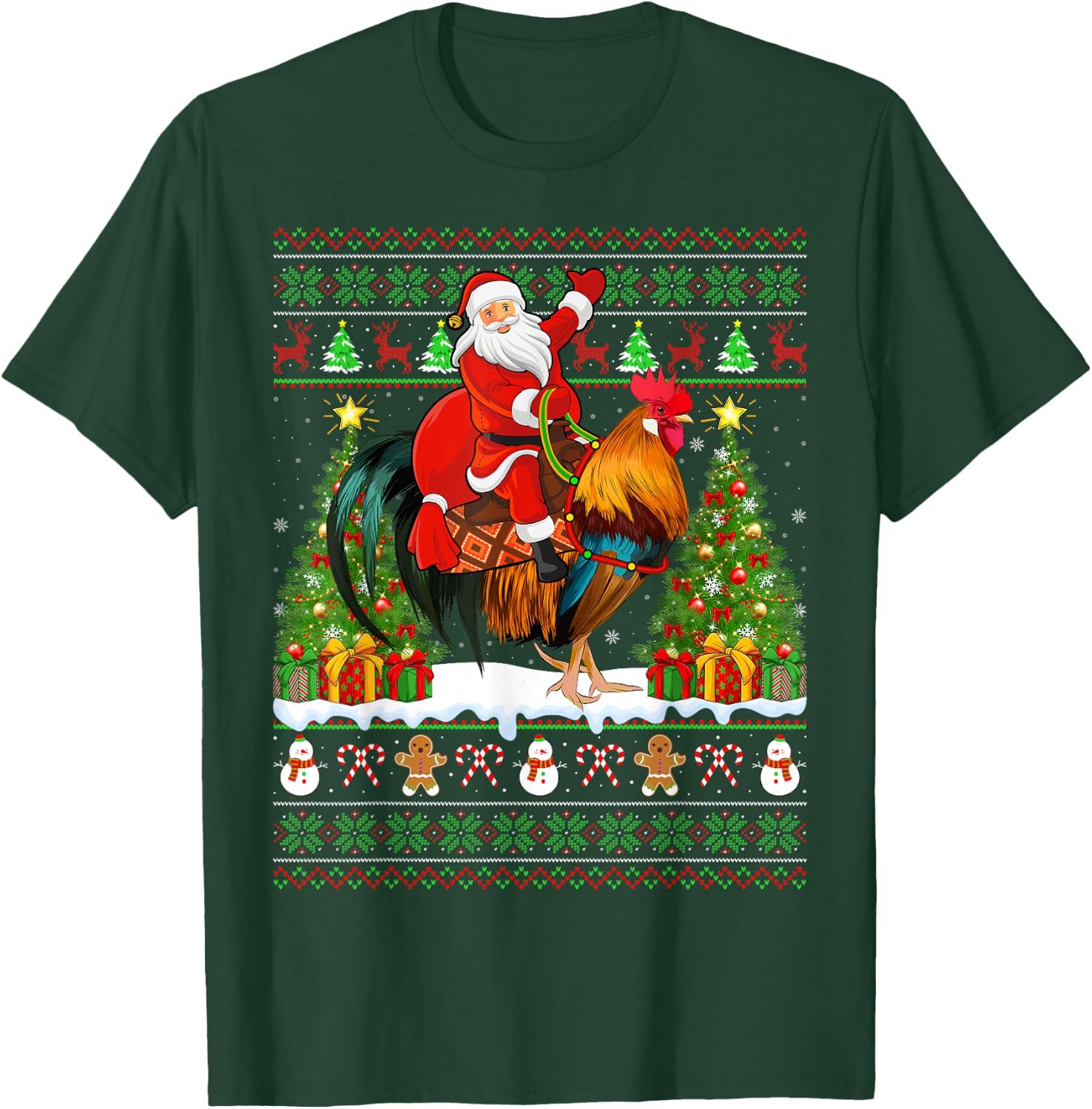 Rooster Bird Lover Funny Ugly Santa Riding Rooster Christmas T-Shirt - T-Shirt | Forest