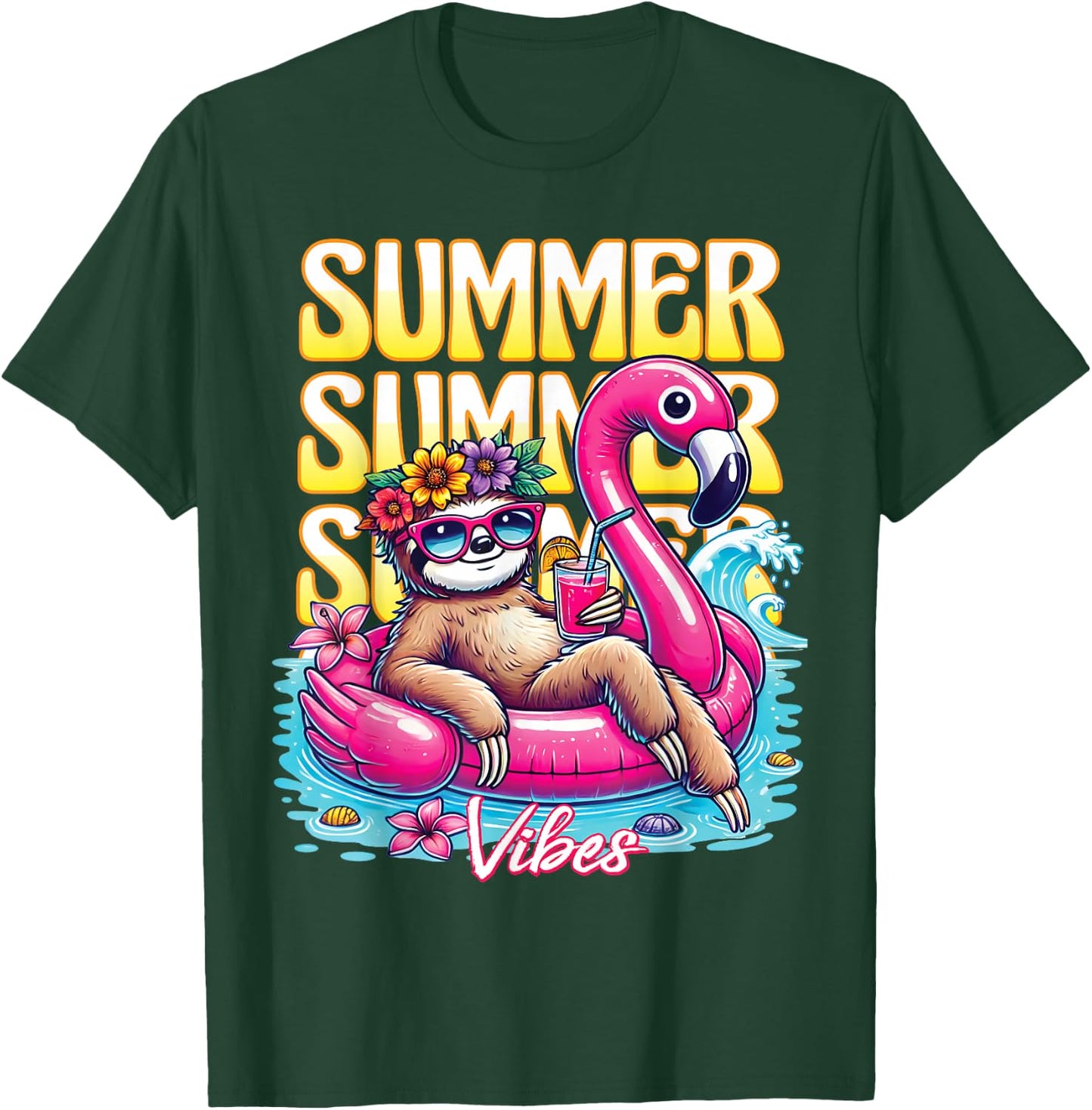 Summer Vibes Funny Sloth Sunglasses Beach Cute Vacation T-Shirt - T-Shirt | Forest