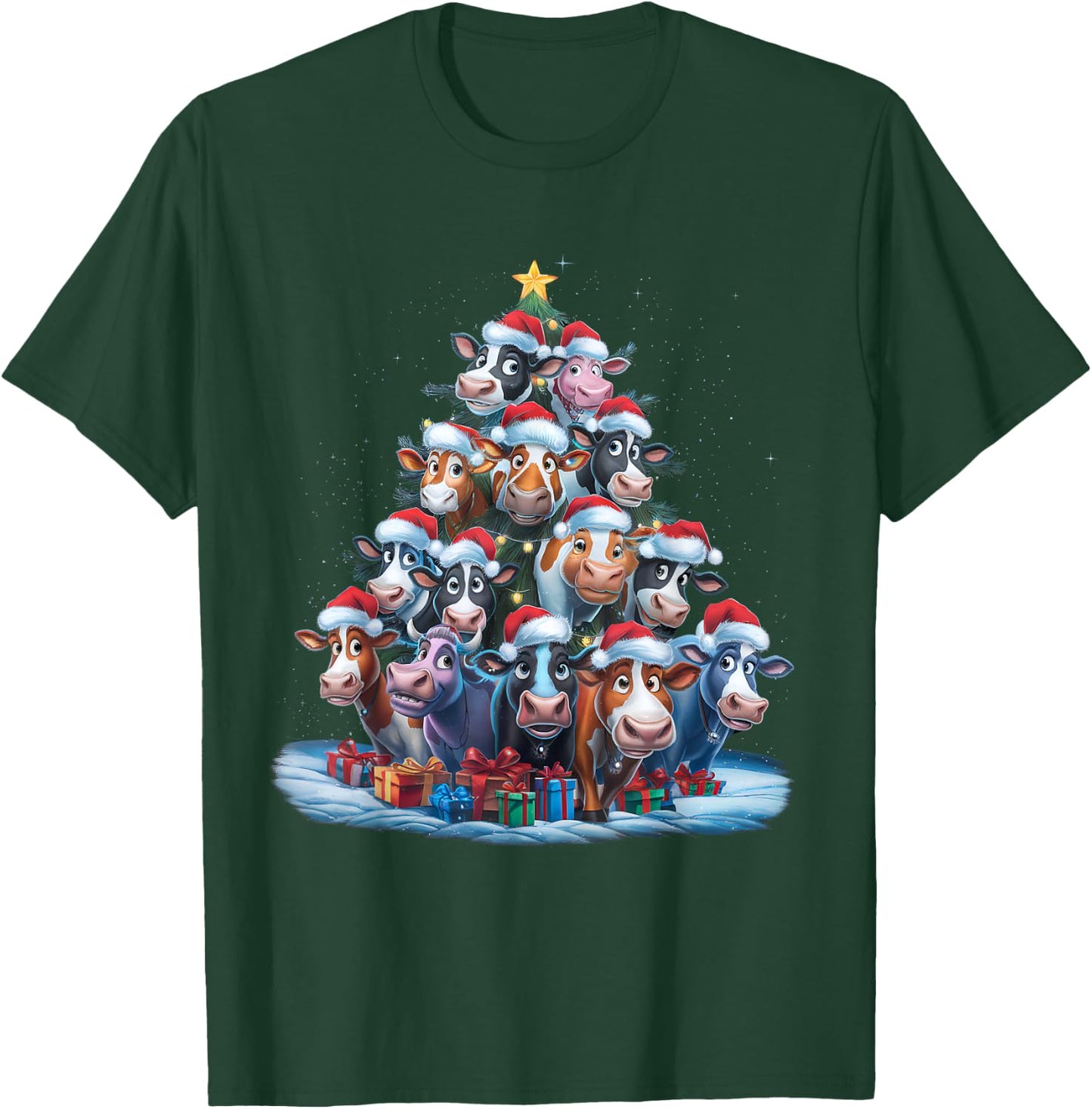 Cow Christmas Tree Lights Xmas Pajamas Pajama Santa Hat Cute T-Shirt - T-Shirt | Forest