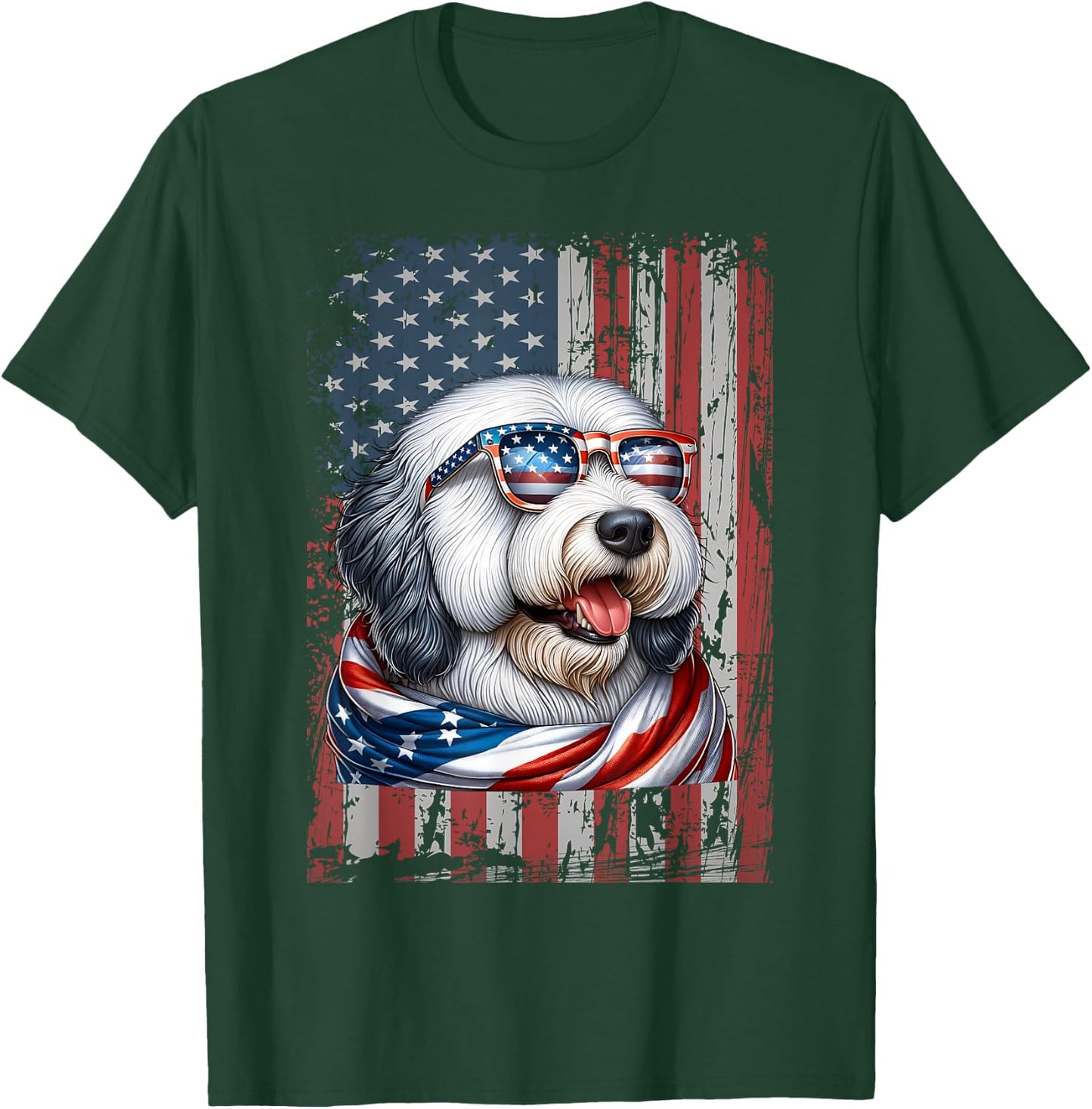 Old English Sheepdog Dog Lover US Flag 4th Of July Patriotic T-Shirt - T-Shirt | Forest