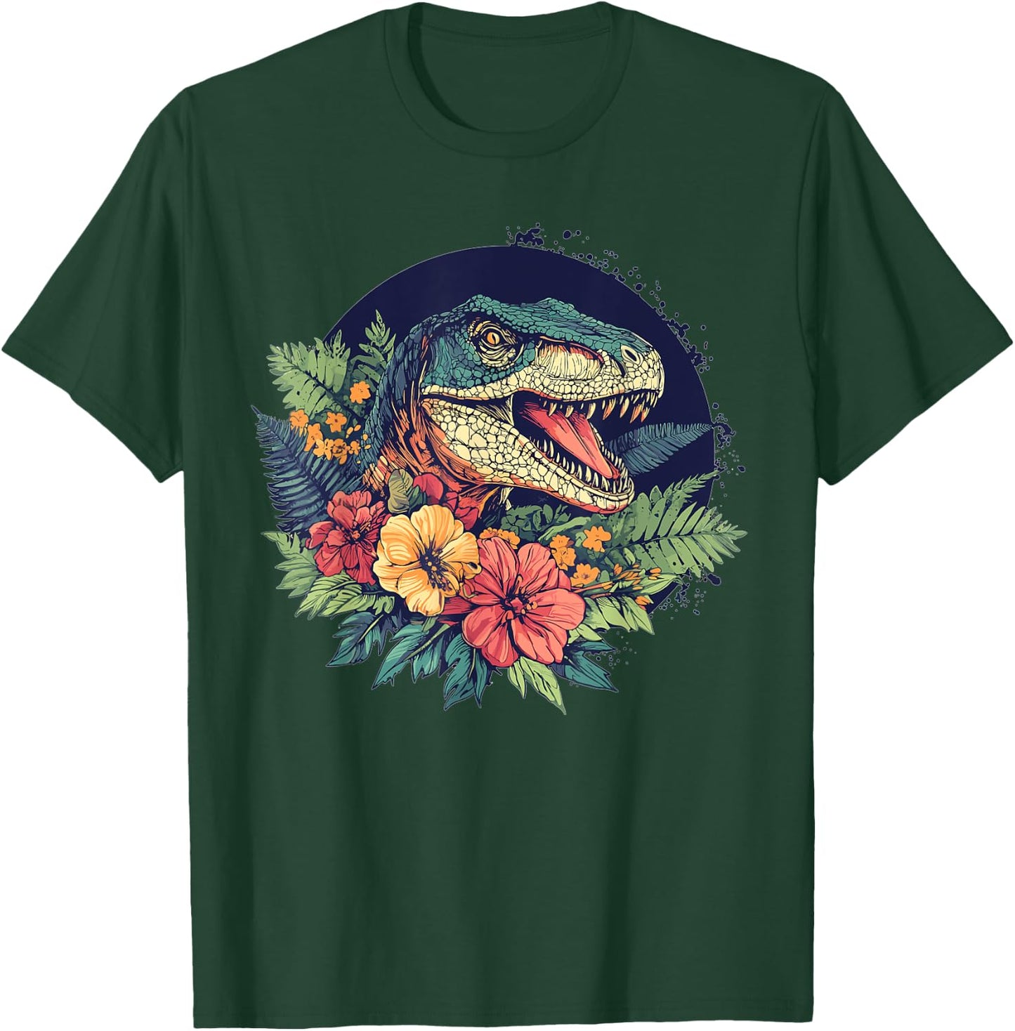 Dinosaur With Floral Background Artwork T-Shirt - T-Shirt | Forest