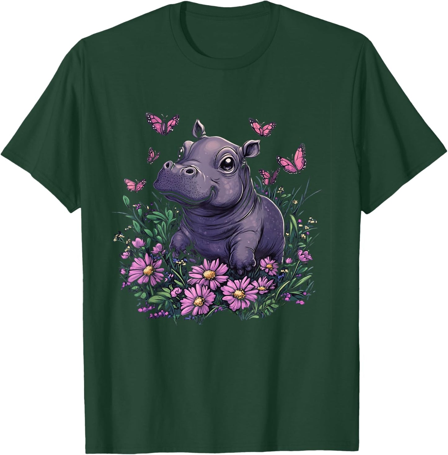 Cute Baby Hippo Pygmy with Flowers Girls T-Shirt - T-Shirt | Forest