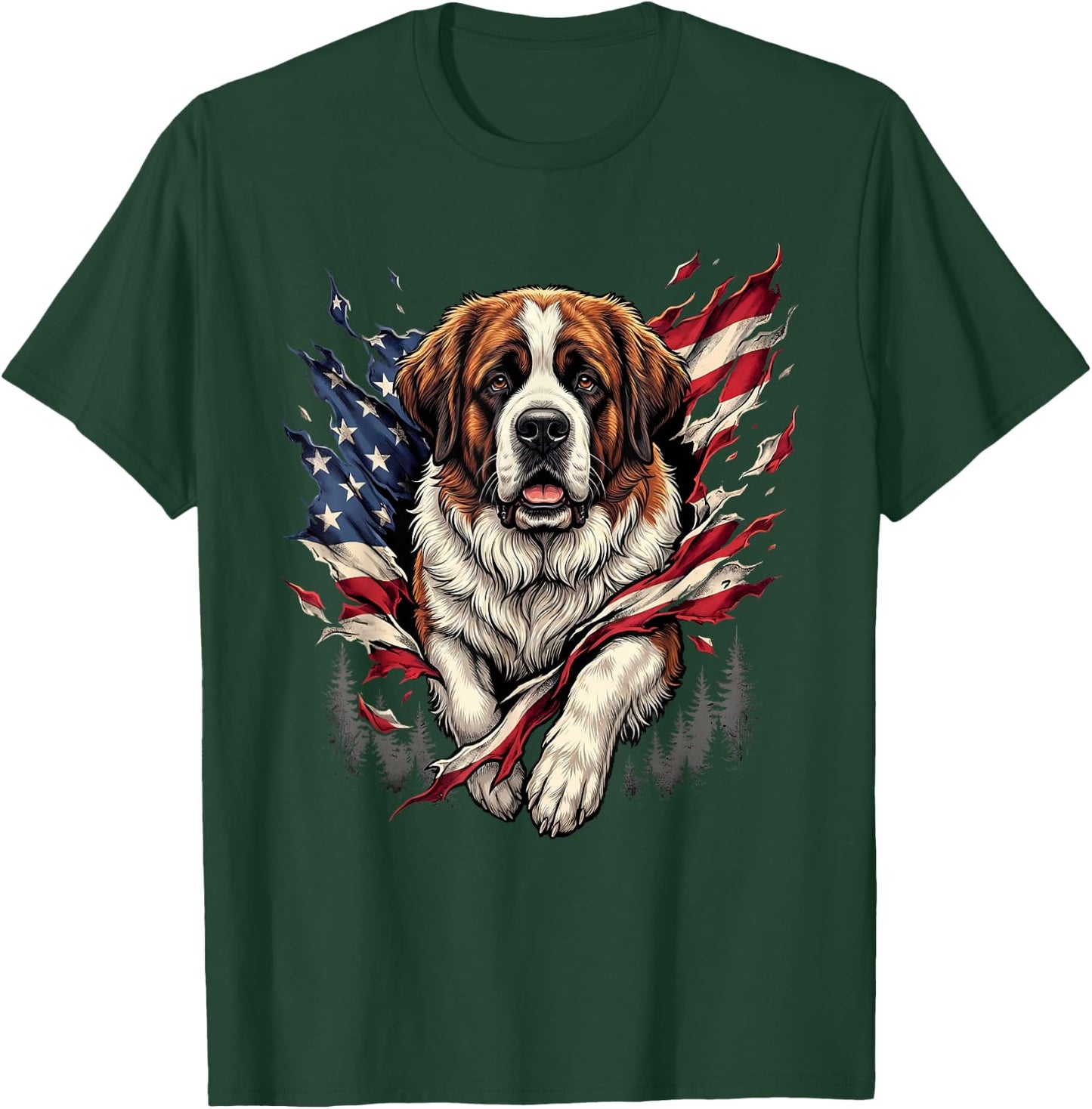 Saint Bernard Dog Patriotic American Flag 4th of July USA T-Shirt - T-Shirt | Forest