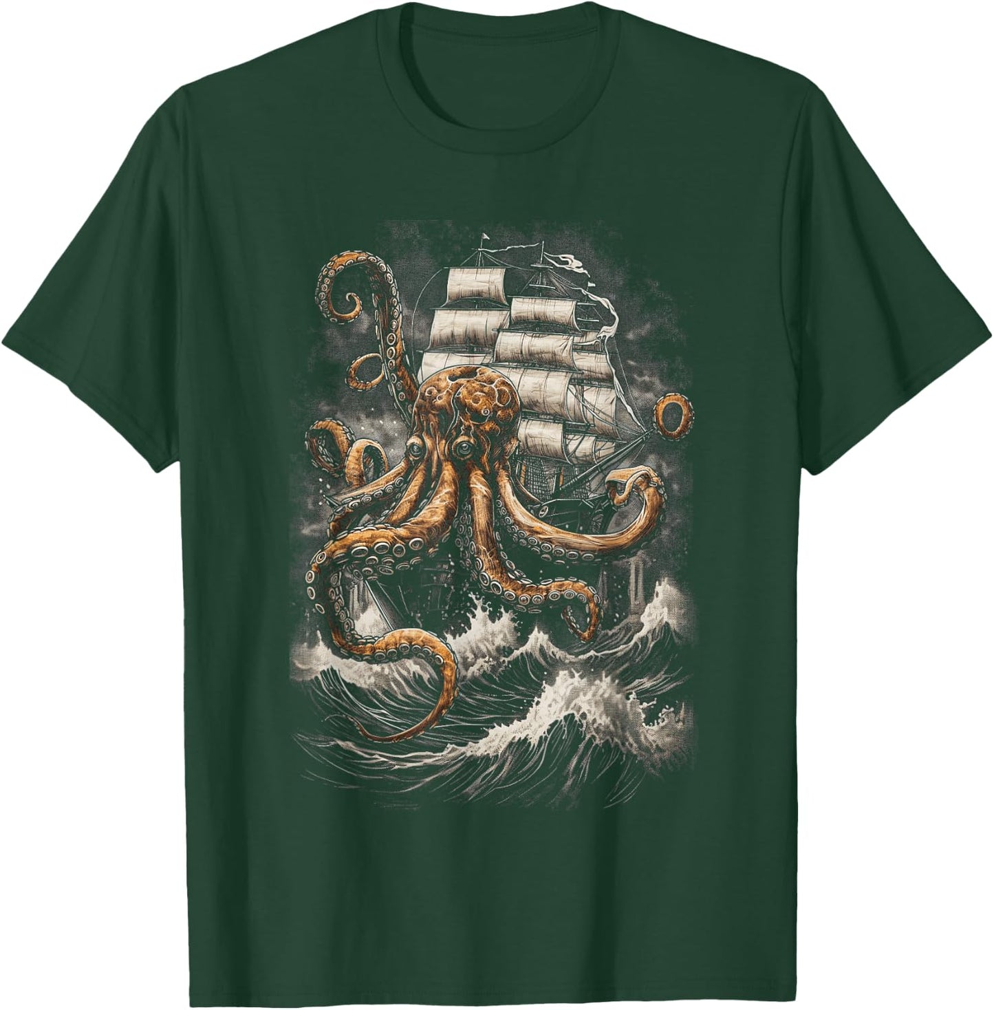 Giant Octopus Pirate Ship Vintage Kraken Sailing Squid T-Shirt - T-Shirt | Forest