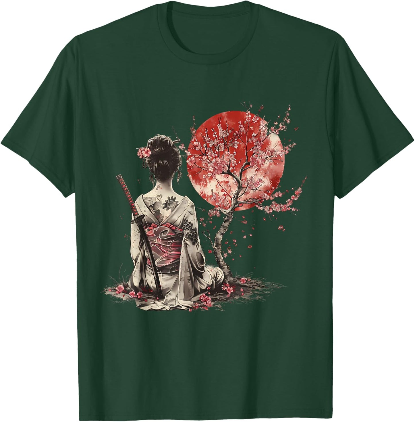 Japanese Samurai Sakura Cherry Blossom Japanese Geisha , Black, S T-Shirt - T-Shirt | Forest