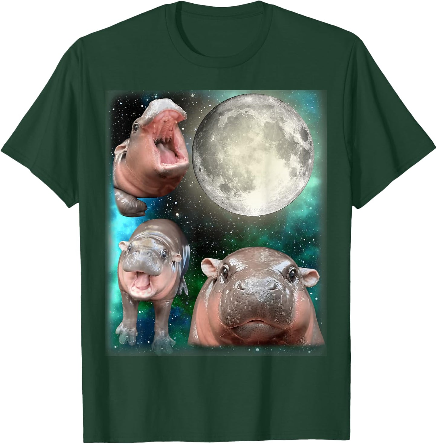 3 Hippo Moon Howling - 3 MOO-DENG Head Moon Howling T-Shirt - T-Shirt | Forest