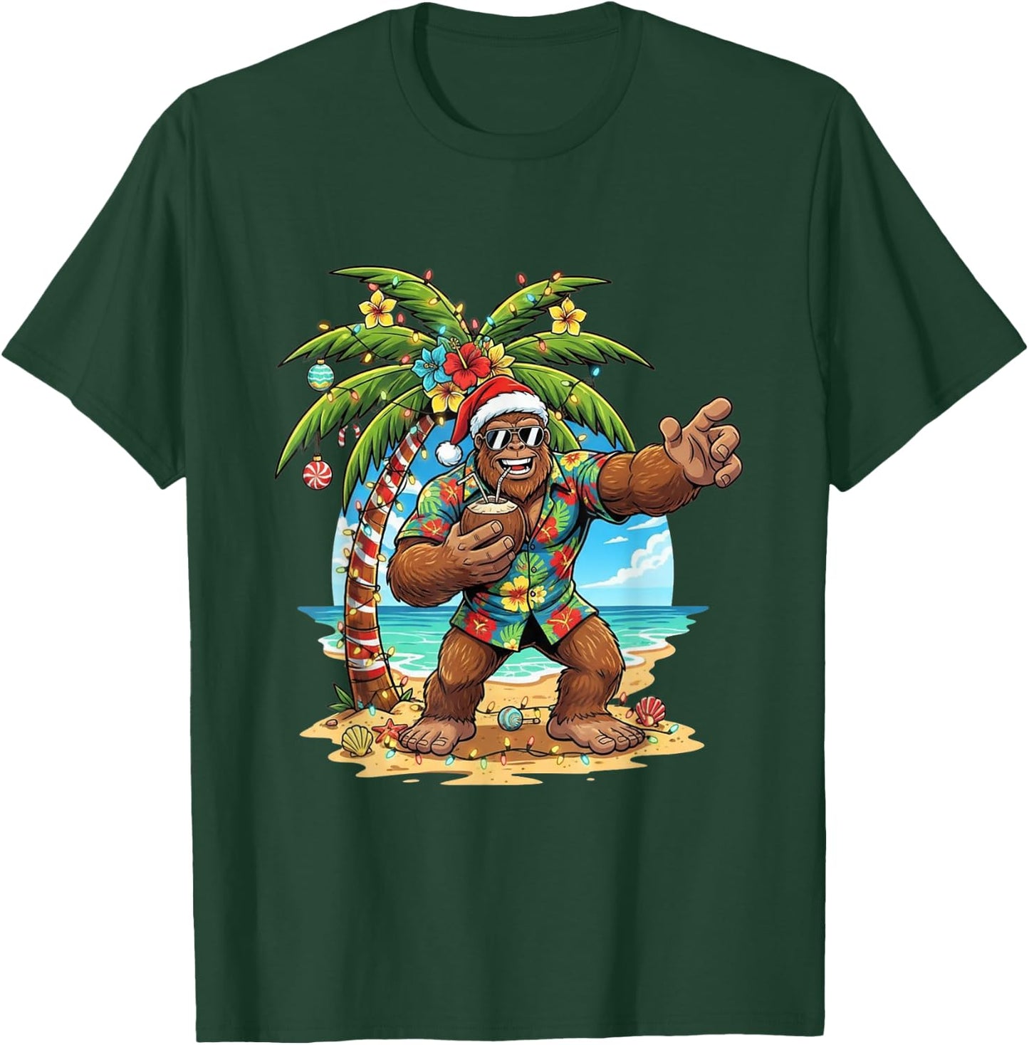 Santa Bigfoot Christmas in July Beach Funny Sasquatch T-Shirt - T-Shirt | Forest