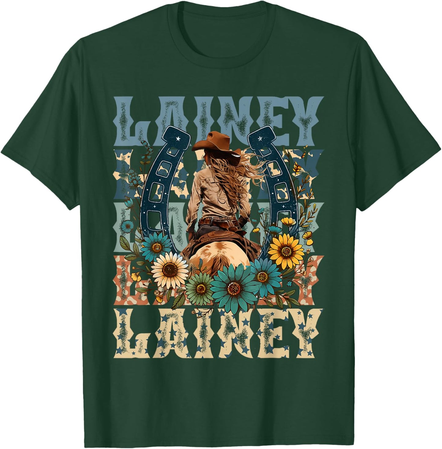 Cowgirl Lainey First Name Personalized Western - -Adults, Kids - Black - Small - Short Sleeve - - Animal Print Fabric Blend T-Shirt - T-Shirt | Forest