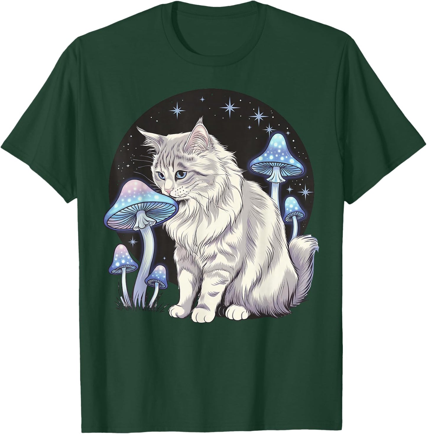 Magical Turkish Angora Sniffing Glowing Mushrooms T-Shirt - T-Shirt | Forest