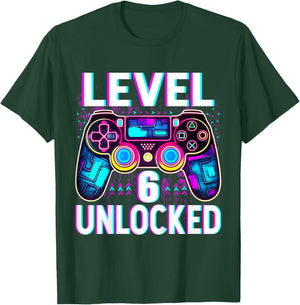 Kids Level 6 Unlocked Shirt Funny Video Gamer Geek 6th Birthday T-Shirt - T-Shirt | Forest