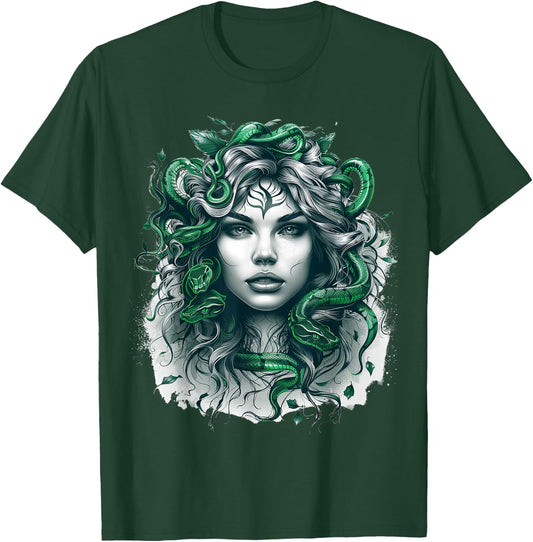 Ancient Greek Mythology Medusahead with Snake Hair Green T-Shirt - T-Shirt | Forest