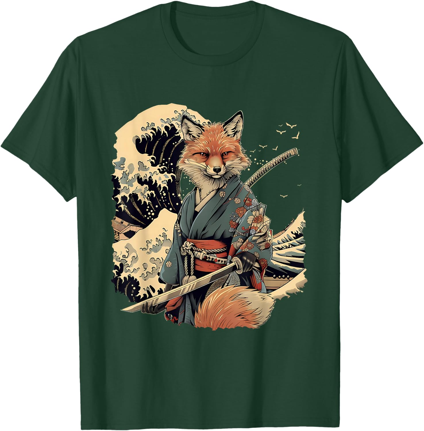 Samurai Fox Ninja Japanese Fox Warrior Ocean , Black, S T-Shirt - T-Shirt | Forest