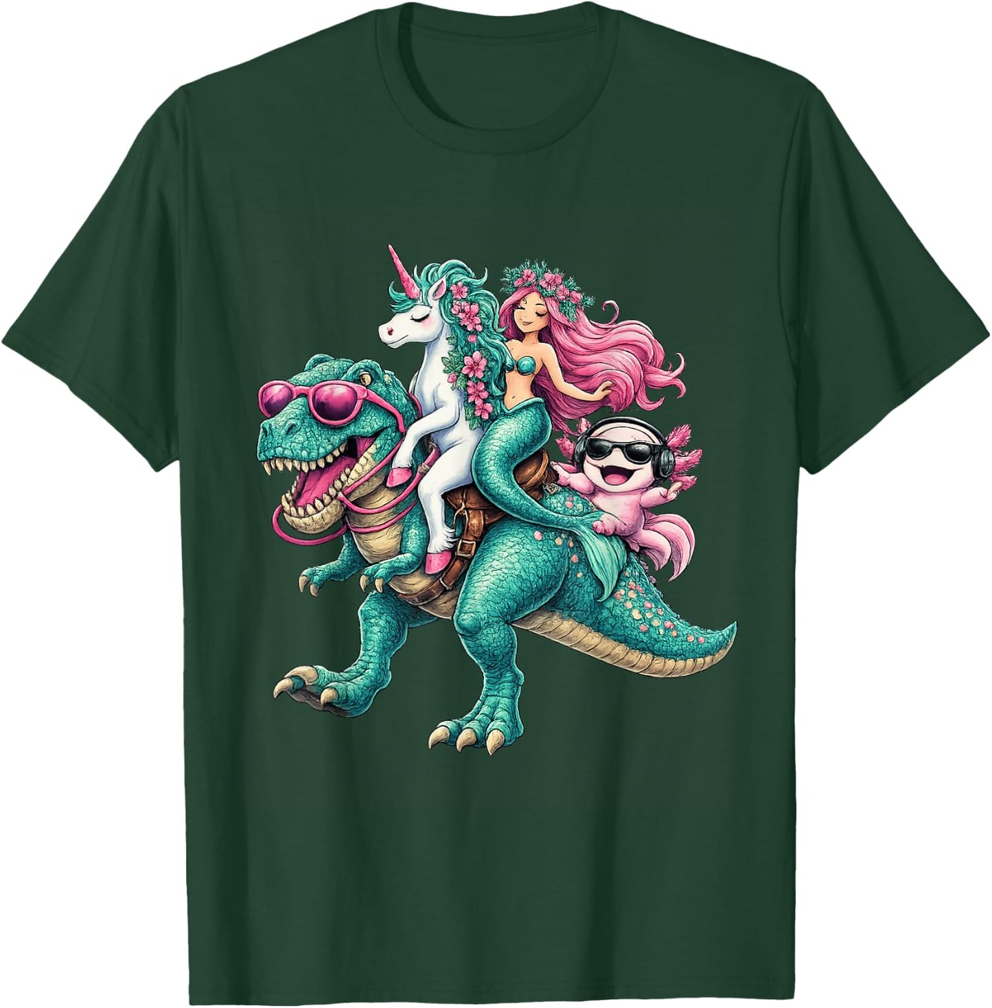 Mermaid Unicorn Axolotl Riding Dinosaur Granddaughter Niece T-Shirt - T-Shirt | Forest
