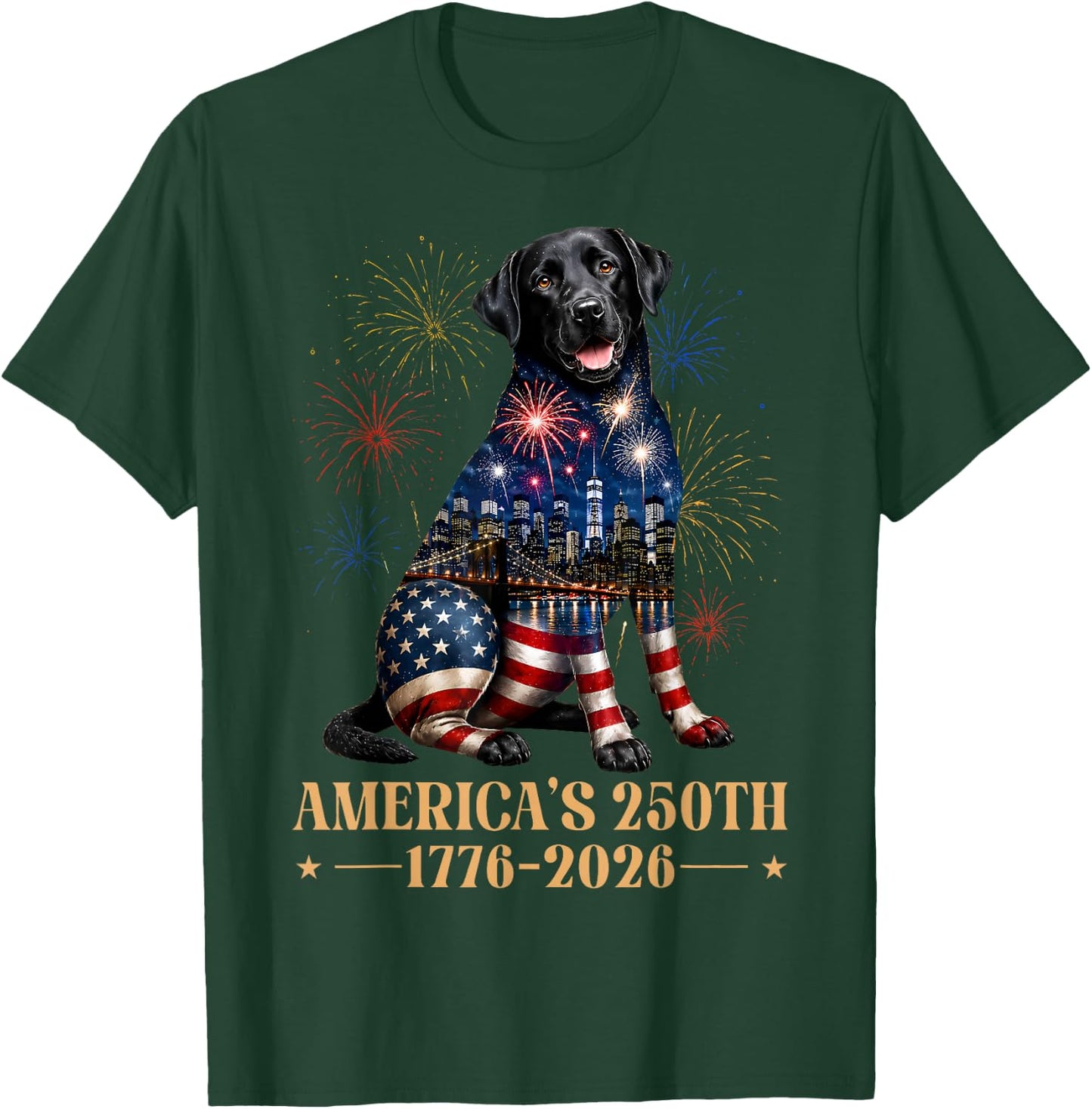 Fireworks 4th of July American Flag Patriotic Black Lab Dog T-Shirt - T-Shirt | Forest