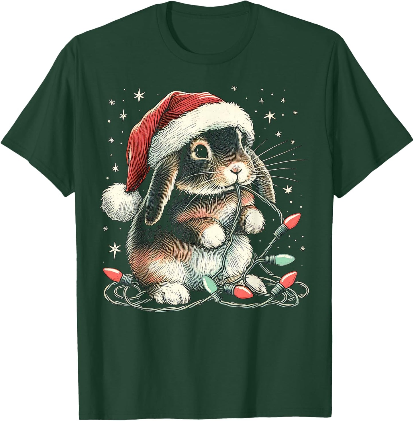 Funny Holland Lop Rabbit Bunny Chew Christmas Light Xmas T-Shirt - T-Shirt | Forest