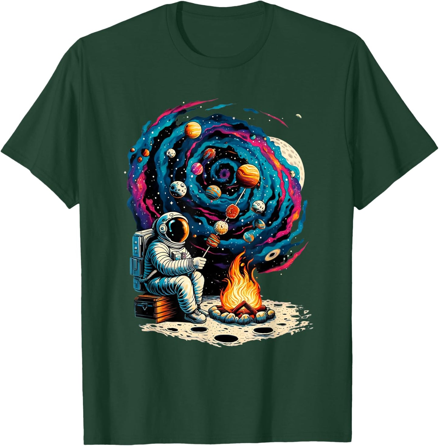 Interstellar Adventure Art & Apparel Funny Astronaut Roasting Marshmallows Camping with Planets , Small, Black T-Shirt - T-Shirt | Forest