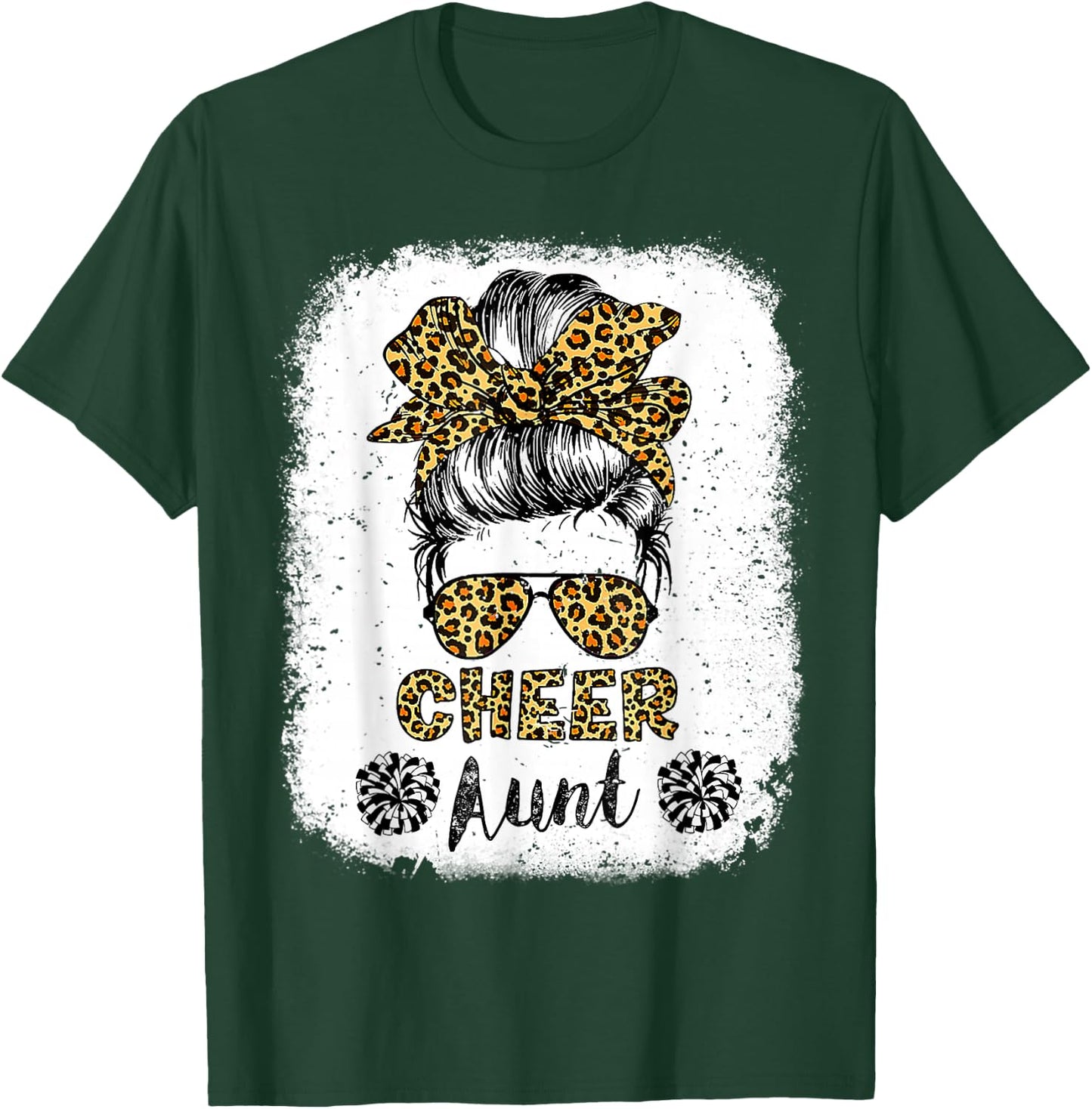 Cheer Aunt Leopard Messy Bun Cheerleader Bleached T-Shirt - T-Shirt | Forest